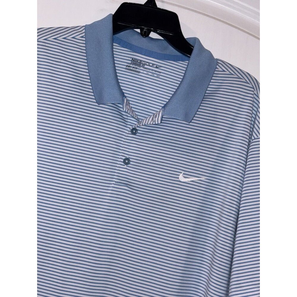Nike Men's Light Blue and White Striped Polo Shirt